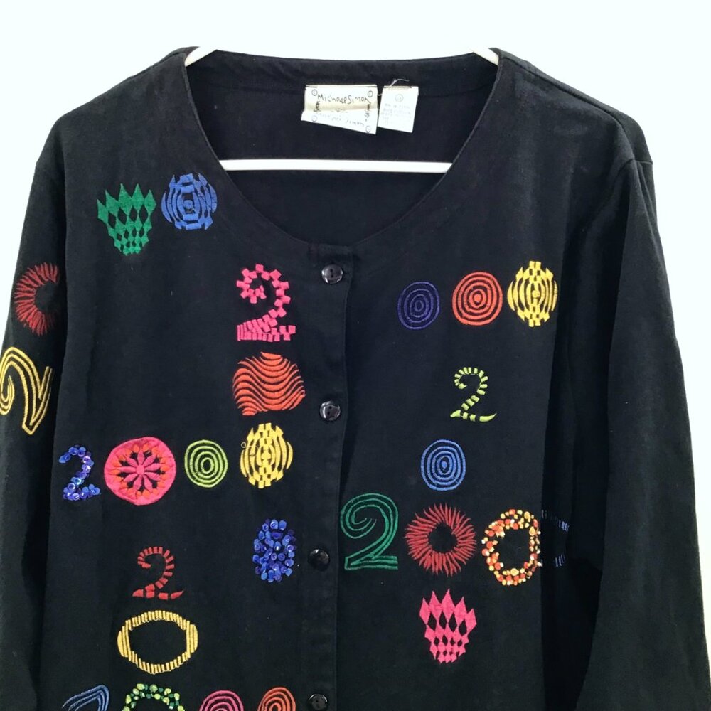Vintage 2X Michael Simon Lite Y2K Cardigan Top Embroidered Beaded Textile Art - Picture 2 of 12
